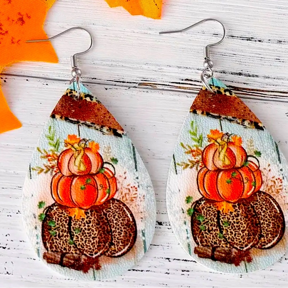Festive‎ Autumn Leopard Print Pumpkin Earrings